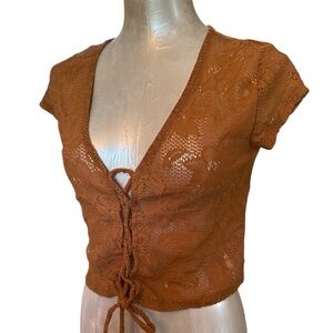 Forever 21 Lace CropTop With Tie Front Cap Sleeves Brown size Medium
